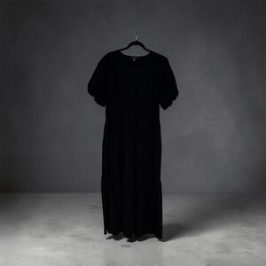 French Connection Black V-Neck Maxi Dress with Puff Sleeves